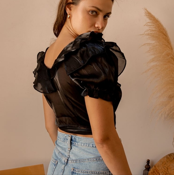 Lulu's Master of Style Black Puff Sleeve Cropped Wrap Top XS Bow Sheer Goth - Picture 6 of 14